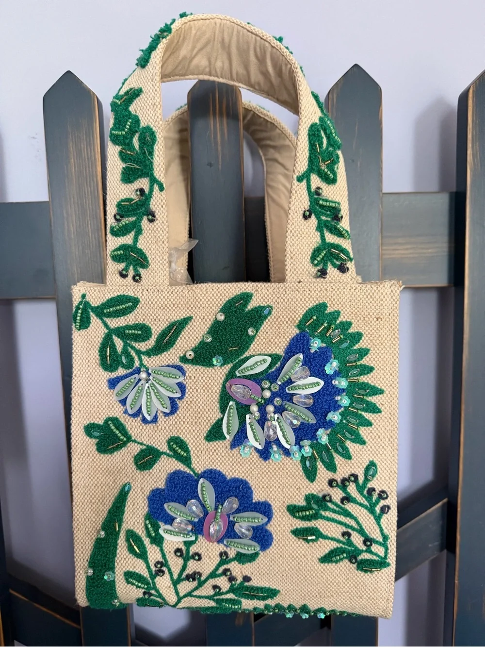 Beaded Bag Floral Embroidered Tote - Green and Blue NWT